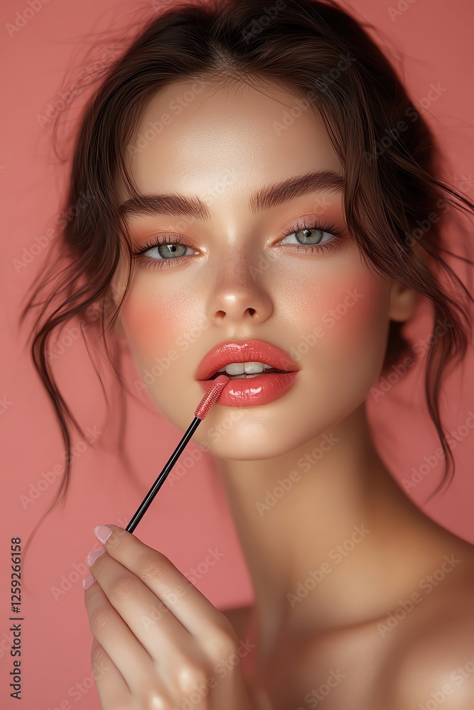 Woman applying lip gloss, pink background, elegant Woman applying lip gloss, pink background, elegant