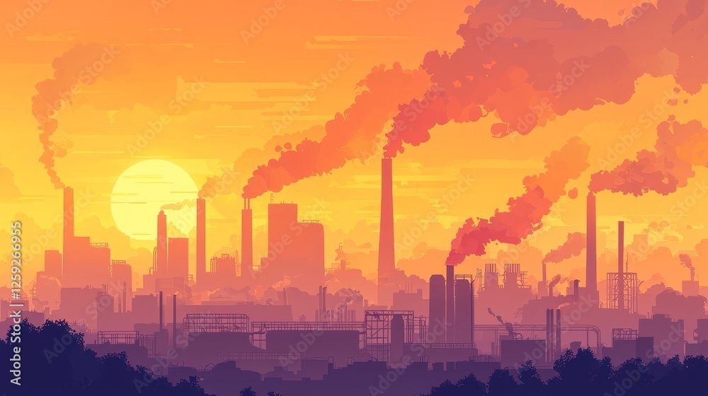 Fototapeta premium Industrial pollution crisis urban city digital art sunset panoramic view environmental awareness