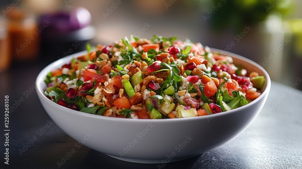 A vibrant salad with pomegranate seeds almonds and tomatoes A vibrant salad with pomegranate seeds almonds and tomatoes