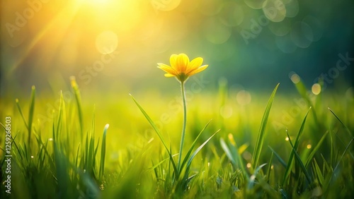 A single yellow wildflower blooms brilliantly in a sunlit meadow, its vibrant petals contrasting beautifully against the lush green grass, a serene and peaceful nature scene