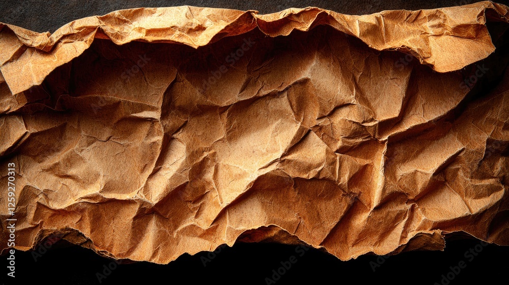 Naklejka premium Close-up of crumpled brown paper texture showcasing intricate folds and shadows, ideal for backgrounds (1)