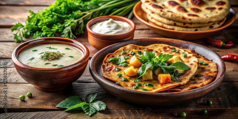 Aromatic flatbread with vibrant vegetable medley and creamy soup, garnished with fresh herbs served on rustic wooden table Aromatic flatbread with vibrant vegetable medley and creamy soup, garnished with fresh herbs served on rustic wooden table