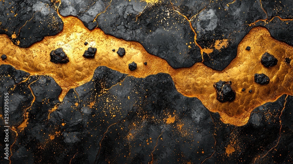 Abstract representation of a molten lava flow through dark volcanic rock, showcasing texture and contrast Abstract representation of a molten lava flow through dark volcanic rock, showcasing texture and contrast