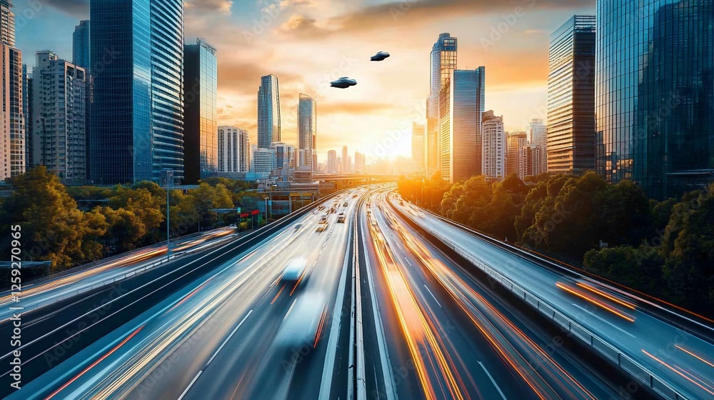 Fototapeta premium Futuristic Cityscape with Highway Traffic and Flying Vehicles at Sunset