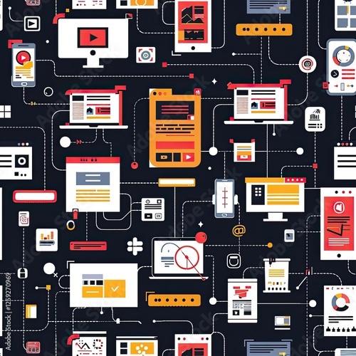 Interconnected Digital Devices and Data Flow Seamless Pattern