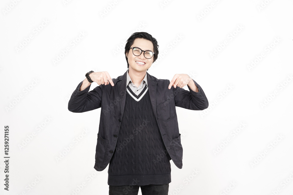 Smile happy face Presenting and pointing down with forefinger on copyspace for advertising Of Handsome Asian Man Isolated On White Background Smile happy face Presenting and pointing down with forefinger on copyspace for advertising Of Handsome Asian Man Isolated On White Background