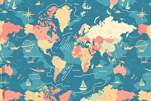 A stylized world map showing global travel and exploration