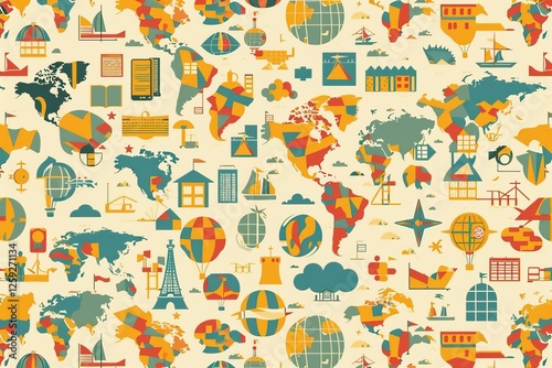 Colorful World Map with Travel and Exploration Icons