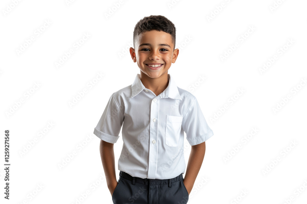 Smiling school boy in white shirt with hands in pockets isolated on white or transparent, PNG Smiling school boy in white shirt with hands in pockets isolated on white or transparent, PNG