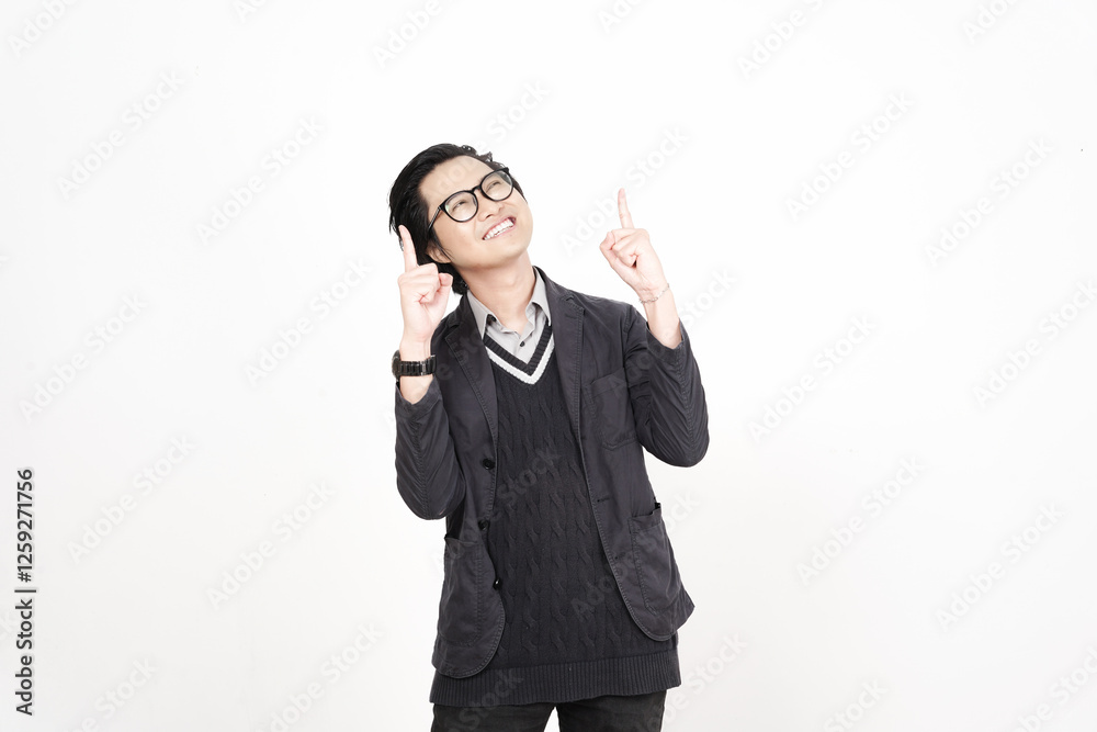Smile Happy Face Presenting and pointing up with forefinger on copyspace for advertising Of Handsome Asian Man Isolated On White Background Smile Happy Face Presenting and pointing up with forefinger on copyspace for advertising Of Handsome Asian Man Isolated On White Background