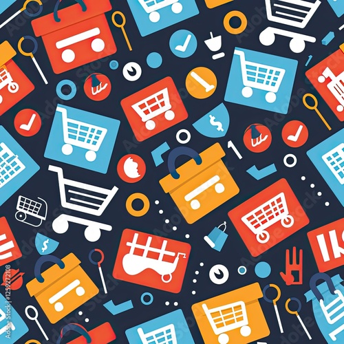 Colorful Shopping Cart Icons Seamless Pattern Design