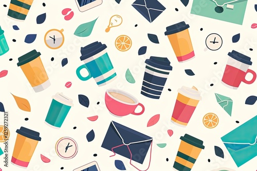 Colorful Coffee Cups Leaves and Envelopes Design