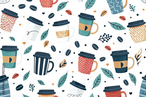 Colorful Coffee Cups and Beans Pattern Design
