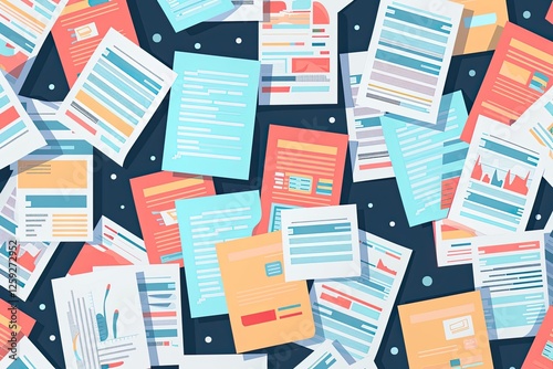 Colorful Documents Scattered Across Dark Surface
