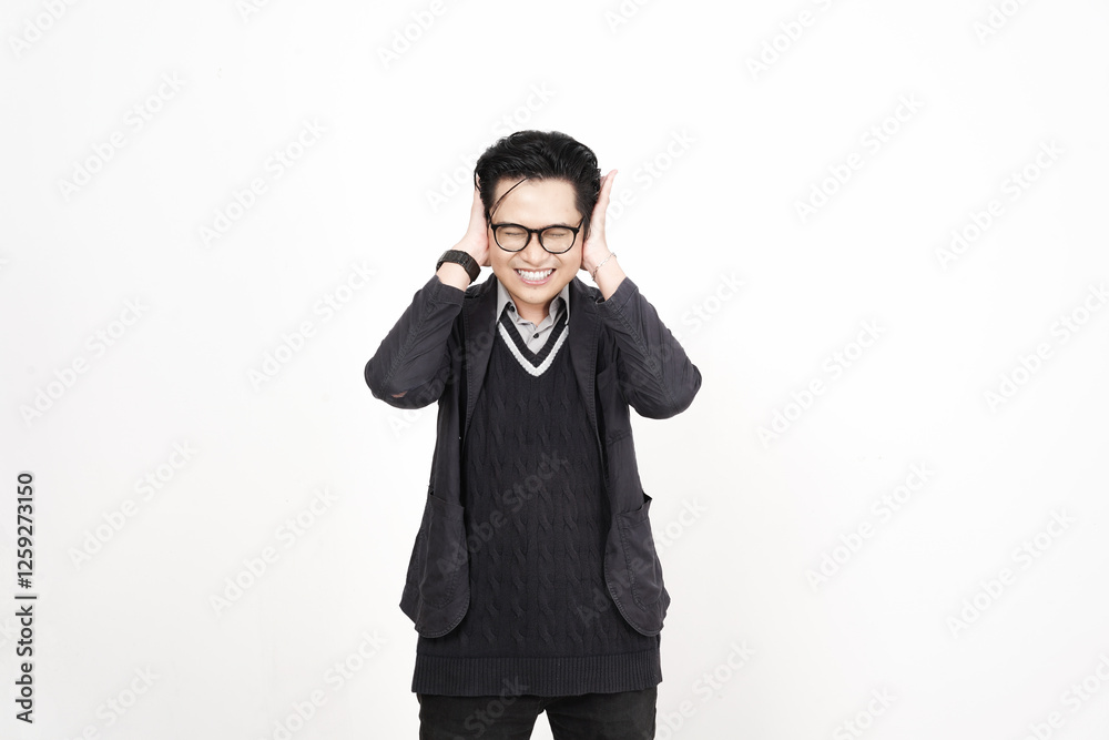 Covering ears from bothering noise Of Handsome Asian Man Isolated On White Background Covering ears from bothering noise Of Handsome Asian Man Isolated On White Background