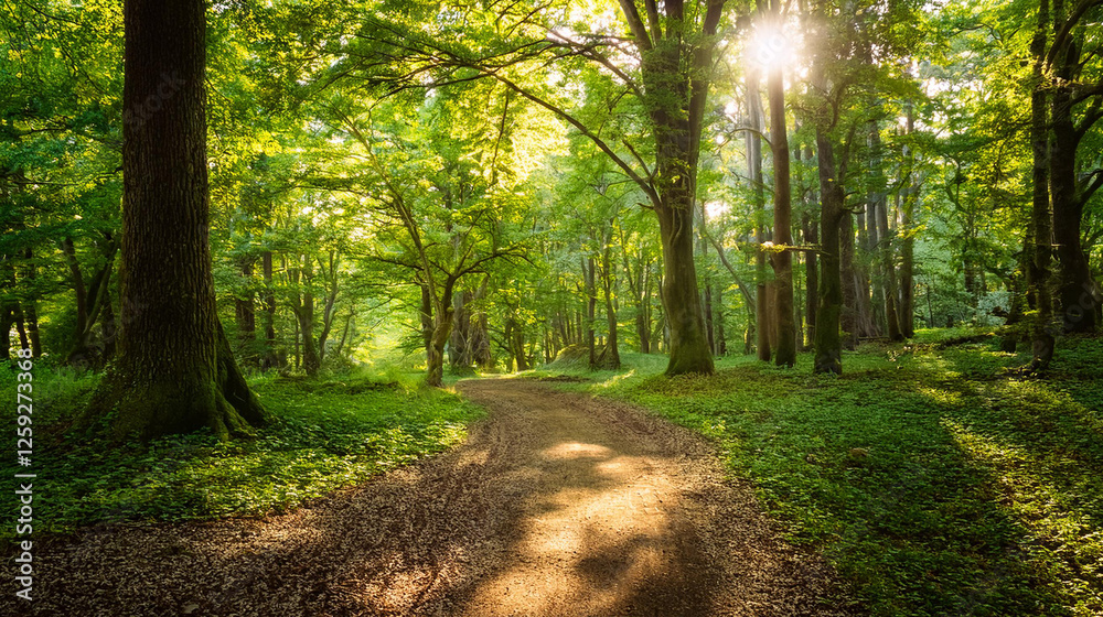 Fototapeta premium Sunlit forest pathway surrounded by lush green trees and foliage
