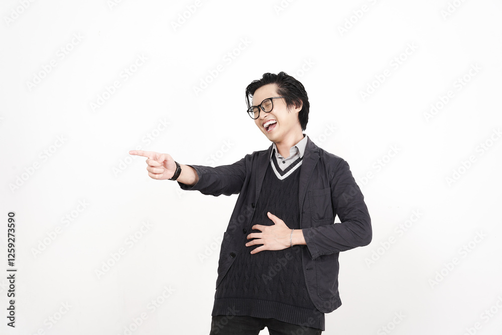 Pointing at You with Hand on stomach and laugh out loud Of Handsome Asian Man Isolated On White Background Pointing at You with Hand on stomach and laugh out loud Of Handsome Asian Man Isolated On White Background