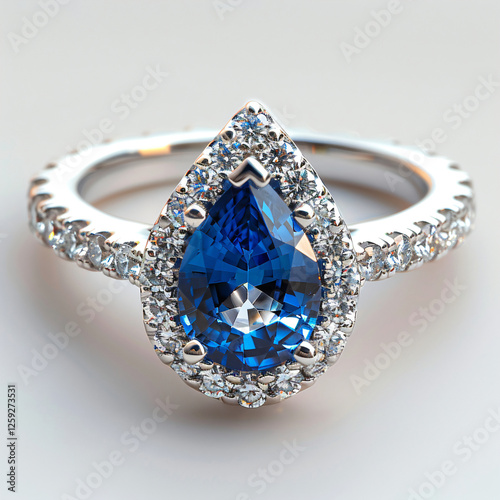 Pear-Cut Sapphire Ring with Diamond Halo on White Background photo