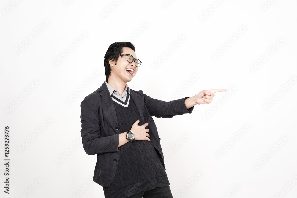 Pointing at You with Hand on stomach and laugh out loud Of Handsome Asian Man Isolated On White Background