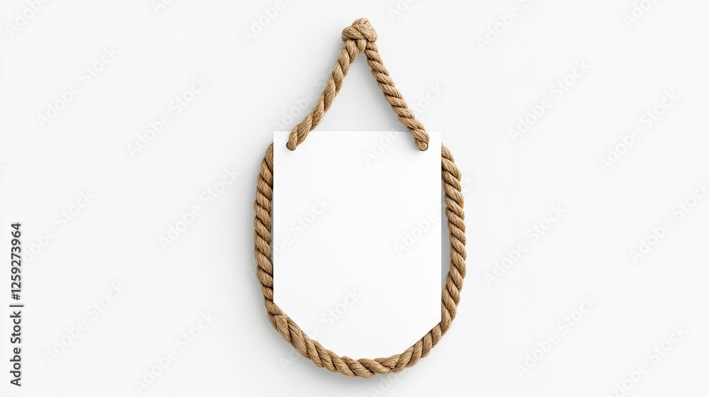 Blank sign hanging from a rope against a plain white background, ideal for customization or advertising Blank sign hanging from a rope against a plain white background, ideal for customization or advertising
