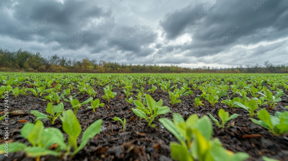 33.A field of young plants preparing for rain, their delicate leaves glistening as the first drops fall, with a cloudy gray sky overhead. 33.A field of young plants preparing for rain, their delicate leaves glistening as the first drops fall, with a cloudy gray sky overhead.