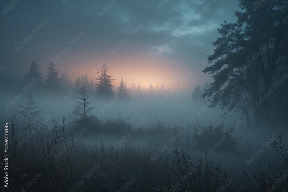 Serene Twilight Fog Landscape with Rich Textures and Atmospheric Mood Serene Twilight Fog Landscape with Rich Textures and Atmospheric Mood