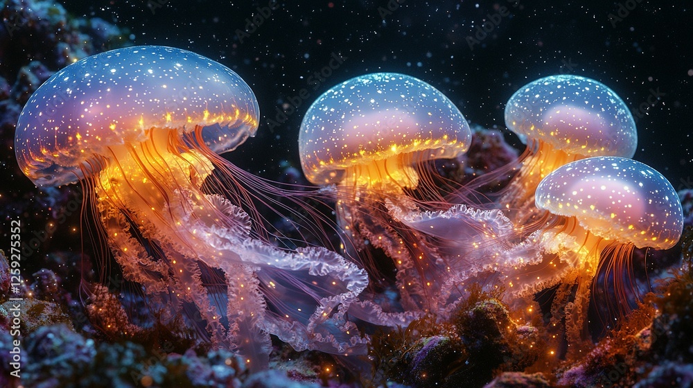 Naklejka premium Luminous Jellyfish Glow in Deep Ocean Habitat