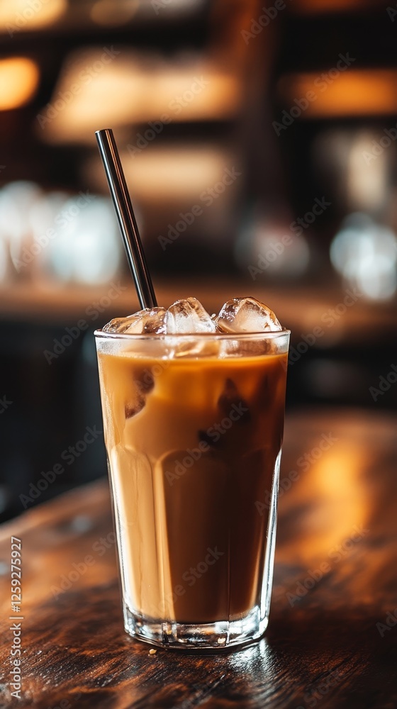 Refreshing iced coffee with a straw, served in a glass with ice cubes, perfect for summer drink promotions and cafes. Refreshing iced coffee with a straw, served in a glass with ice cubes, perfect for summer drink promotions and cafes.