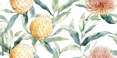 Australian flowers vector seamless repeating pattern of banksia, leaves on a white background, Botanical print with soft pastel colors