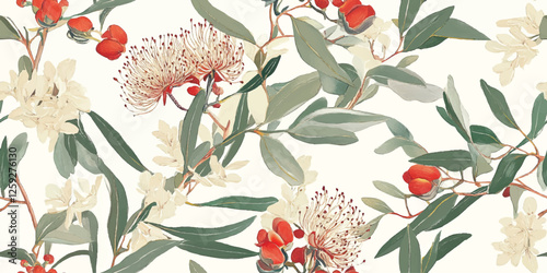 Australian flowers vector seamless repeating pattern of eucalyptus, proteas wattles leaves on a white background, Botanical print with soft pastel colors