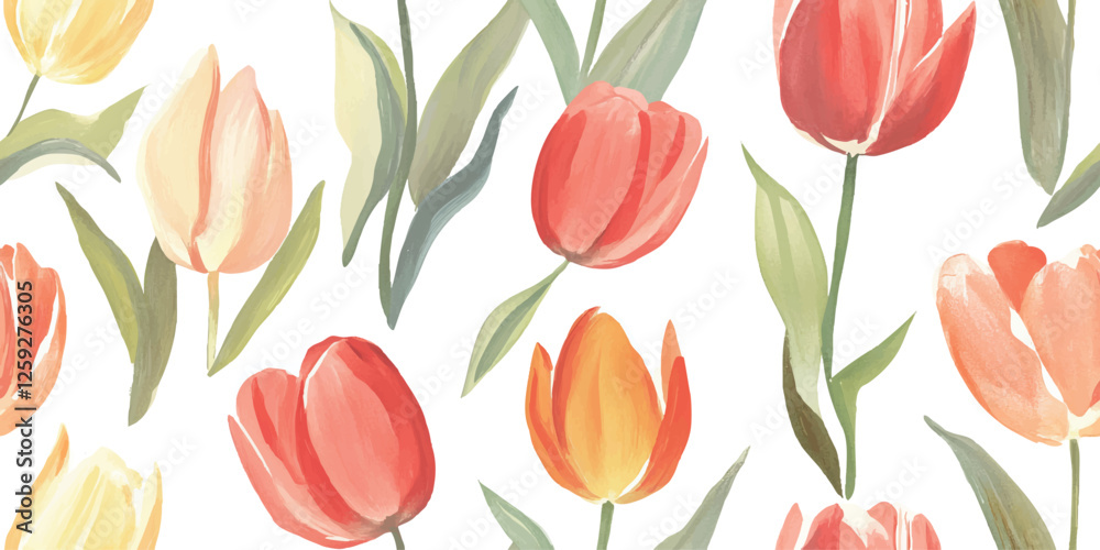 Obraz premium Watercolor floral vector pattern tile featuring flowers tulips and leaves on white, Traditional hand painted whimsical seamless print with an abstract design