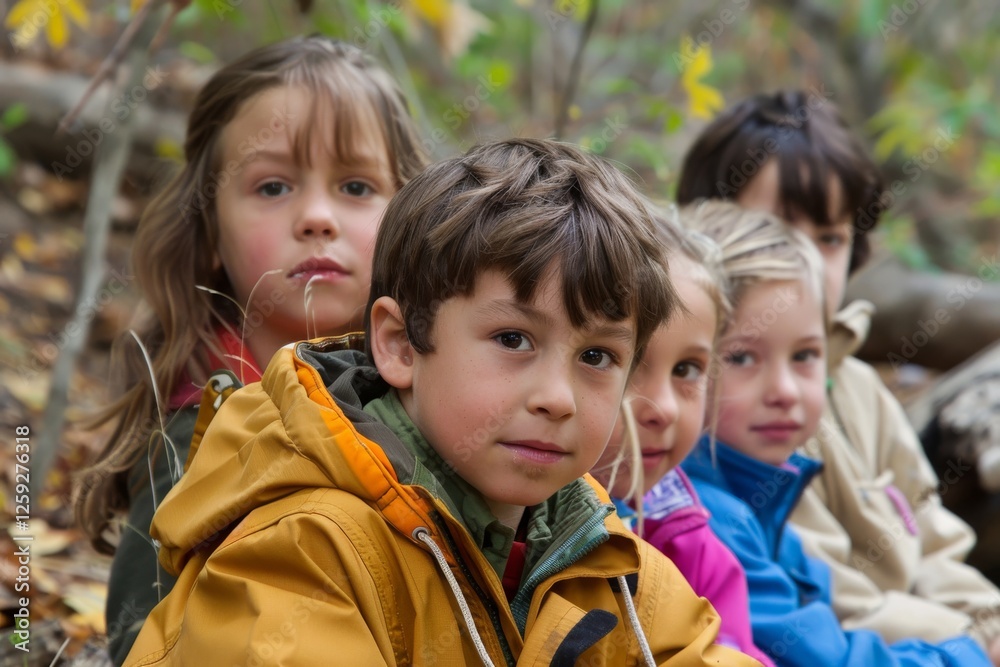 Group of children in the autumn forest. Selective focus on the boy Group of children in the autumn forest. Selective focus on the boy