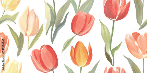 Watercolor floral vector pattern tile featuring flowers tulips and leaves on white, Traditional hand painted whimsical seamless print with an abstract design