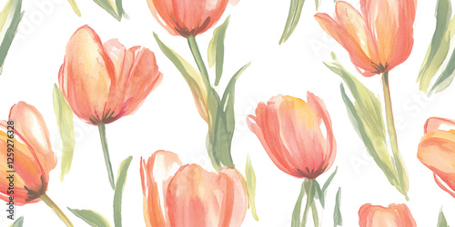 Watercolor floral vector pattern tile featuring flowers tulips and leaves on white, Traditional hand painted whimsical seamless print with an abstract design