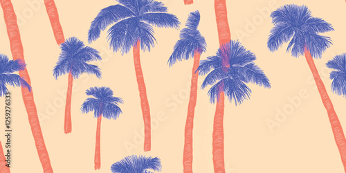Tropical seamless pattern featuring blue palm trees on a beige light background, perfect for summery and exotic themes