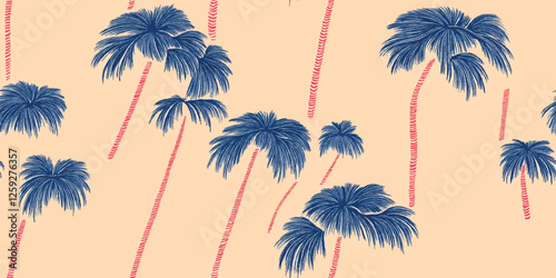 Tropical seamless pattern featuring blue palm trees on a beige light background, perfect for summery and exotic themes