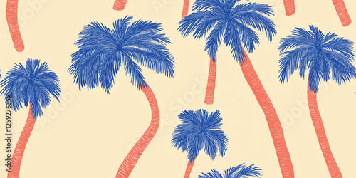 Tropical seamless pattern featuring blue palm trees on a beige light background, perfect for summery and exotic themes