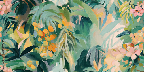 Modern tropical floral pattern. Colorful abstract contemporary seamless pattern. Hand drawn unique print painting of a rainforest