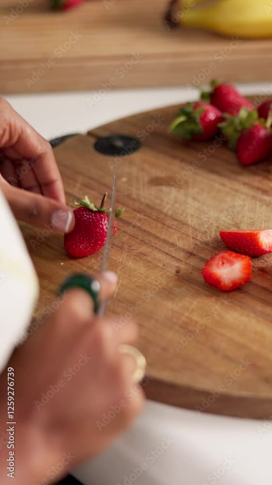 Hands, person and cutting of fruit in kitchen with healthy snack, nutrition diet and morning breakfast. Closeup, woman and chopping strawberry with organic ingredients, vegan salad and detox at house Hands, person and cutting of fruit in kitchen with healthy snack, nutrition diet and morning breakfast. Closeup, woman and chopping strawberry with organic ingredients, vegan salad and detox at house