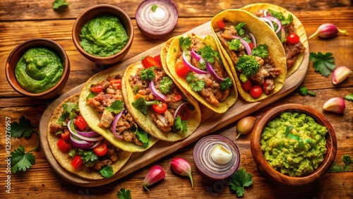 Wallpaper Mural Aromatic Savory Tacos with Zesty Garnishes and Creamy Dips on Rustic Wooden Board Torontodigital.ca