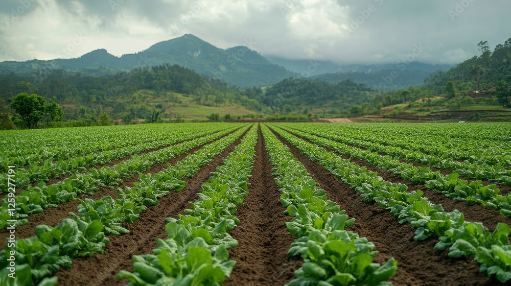 84.A rural landscape of cultivated lettuce fields under a brooding sky, the atmosphere heavy with the anticipation of summer rain. 84.A rural landscape of cultivated lettuce fields under a brooding sky, the atmosphere heavy with the anticipation of summer rain.