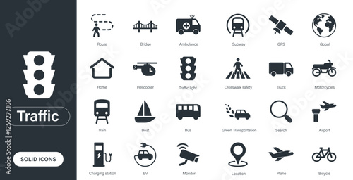 Solid vector icons themed around traffic, vehicles, pedestrian crossings, and green transportation.