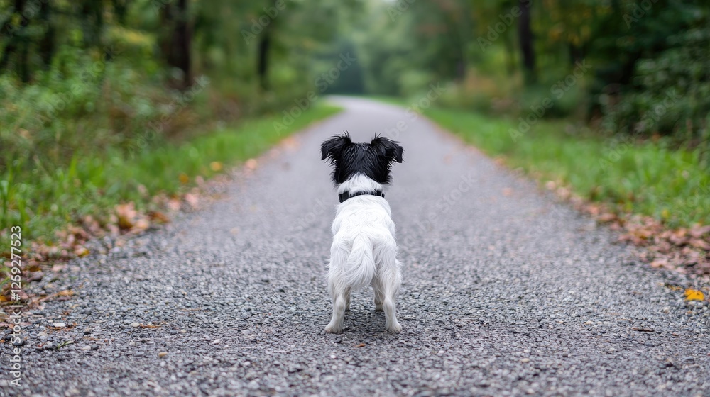Small dog on path, autumn forest background