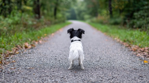 Obraz na płótnie Small dog on path, autumn forest background w salonie