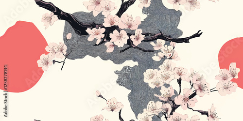 Seamless vector pattern of sakura flowers and line waves on white background template, print of blooming floral illustration for holiday invitations, greeting card and fashion design