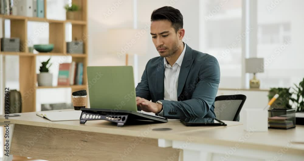 Business man, thinking and typing on a computer for proposal, investment report or research in office. Professional Asian worker or trader with trading ideas, solution or problem solving on a laptop Business man, thinking and typing on a computer for proposal, investment report or research in office. Professional Asian worker or trader with trading ideas, solution or problem solving on a laptop