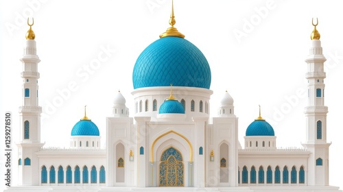 White Mosque with Blue Domes and Golden Accents photo