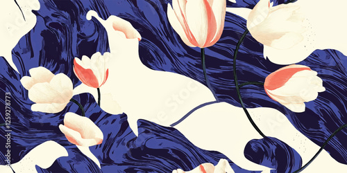 Elegant Floral Seamless Pattern with line Hand-Drawn red Tulips and Leaves in Vintage Engraving Style, Vector Background for Fabric, Packaging, and Wallpaper