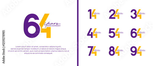 set of anniversary logo flat purple and yellow color on white background for celebration moment