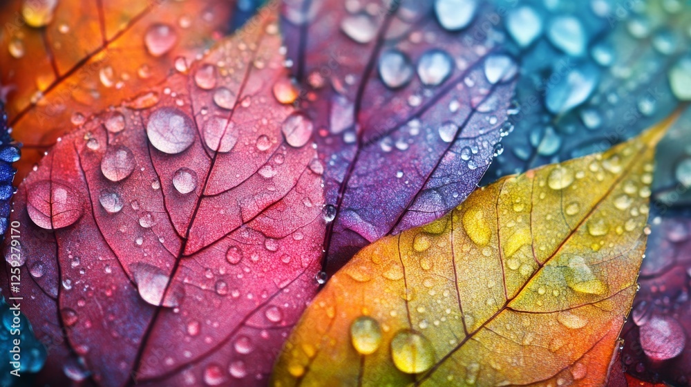 Fototapeta premium 26.Close-up of vibrant leaves with intricate vein patterns, glistening with raindrops under soft natural light, creating a refreshing and serene atmosphere.